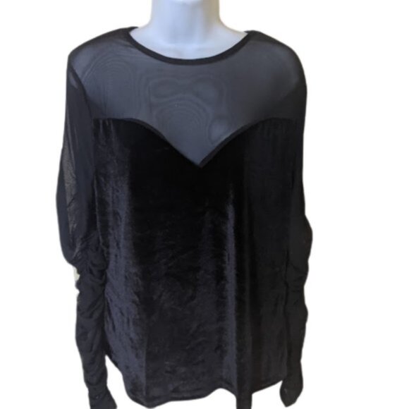 Sexy Black Velour and Mesh Long Sleeve Top with Ruched Sleeves 1XL New - Picture 3 of 6